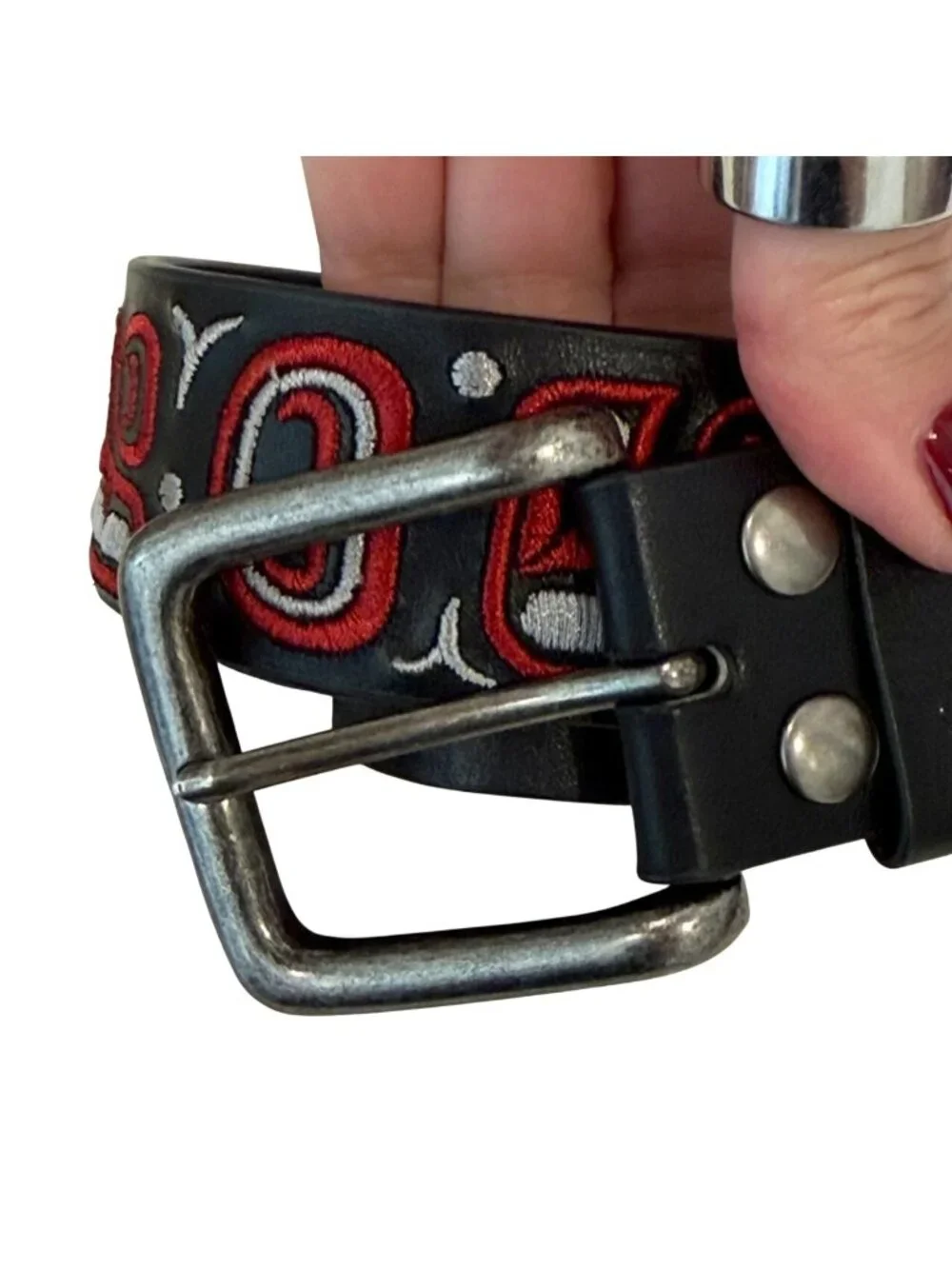Ernest Swanson Formline Black Leather Belt with Northwest Native Design  38